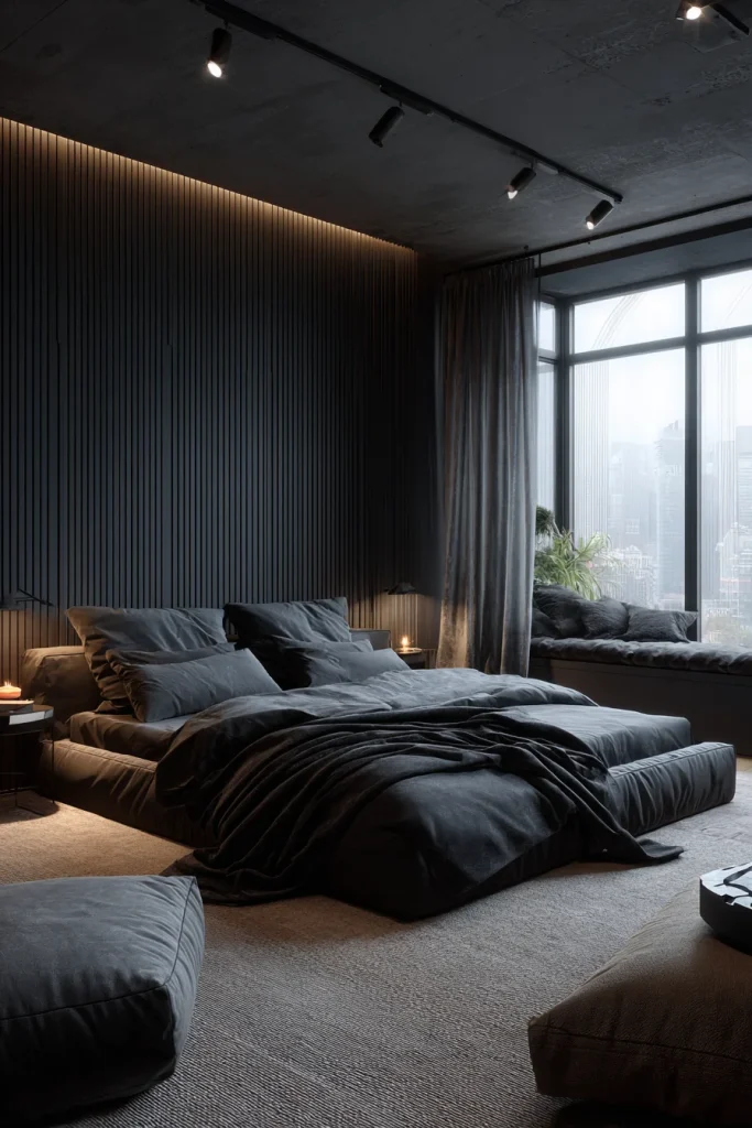 Black Bedroom with Soft Textures