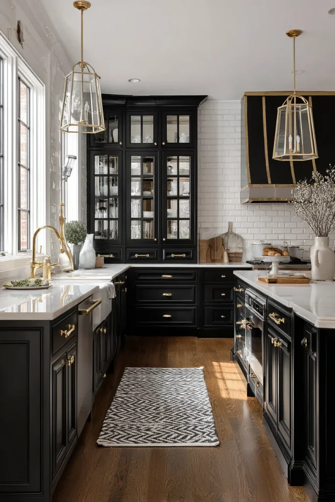 Black Cabinets with Brass Hardware