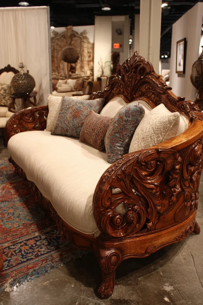 Carved Wood Sofa With Cushions