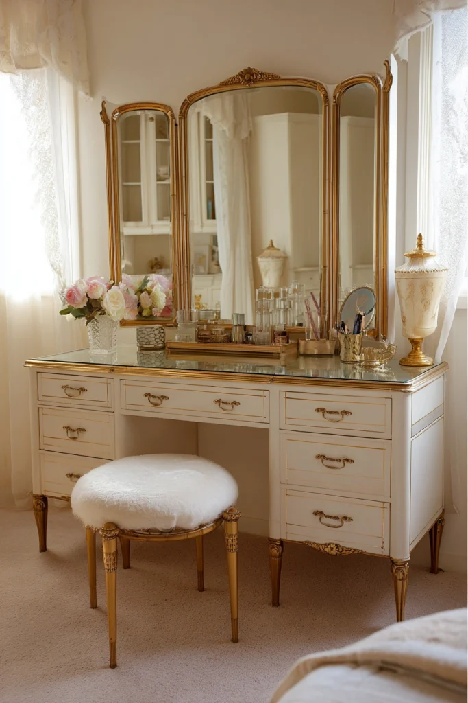 Glass Top Vanity with Brass Accents