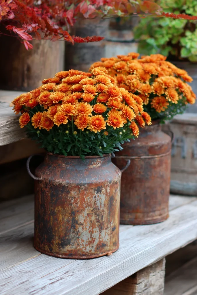 Mums in Vintage Containers