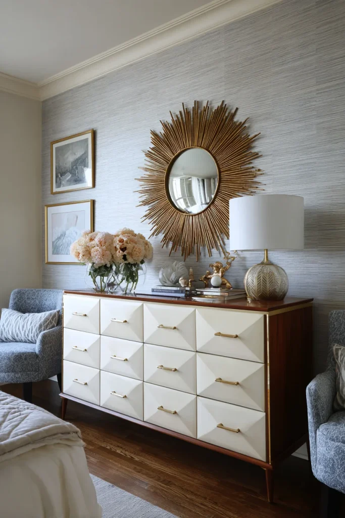 Round mirror over dresser