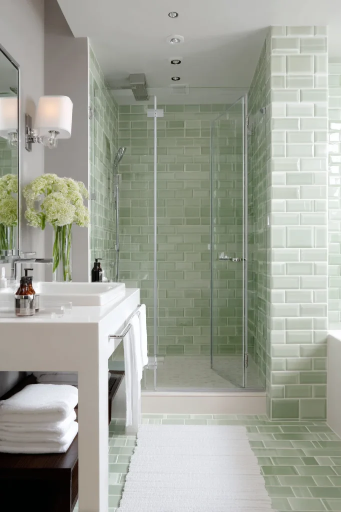 Soft Green Tiles with Grey Walls