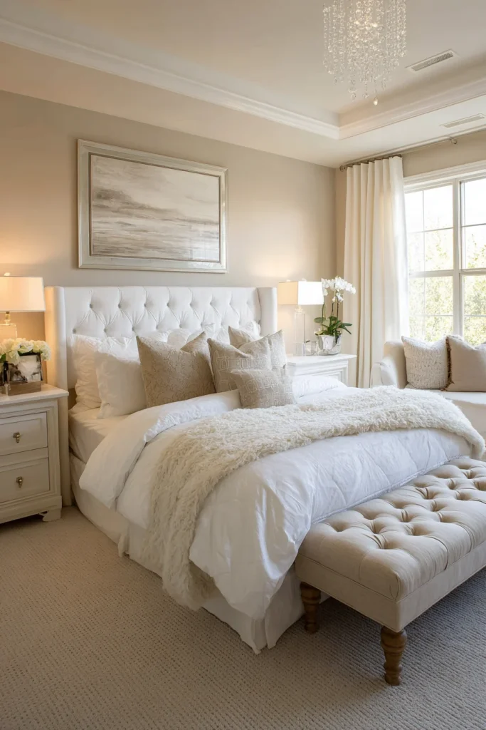 White Bedding with Beige Accents